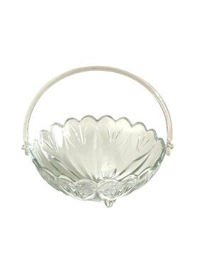 Vintage Homco Glass Fruit Basket Bowl Candy Dish Footed Scalloped w/Handle 10"
